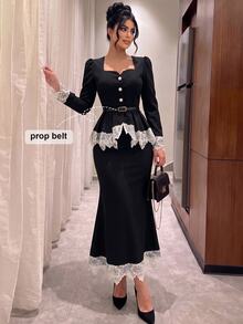 Modelyn Set 2 Potong Atasan Lengan Panjang dengan Potongan Ekor Ikan yang Ramping dan Motif Renda Patchwork Warna Kontras Gaya Wanita Elegan - Hitam dan Putih - View 6