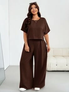 Shapeblank 大尺碼女款春夏時尚休閒寬鬆涼爽舒適日常百搭顯瘦杏色短上衣與寬腿褲2件套，極簡風，度假穿搭，褲裝套裝，外出服飾，歐式夏季 - 棕色 - 查看 4