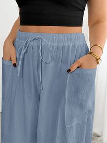 Shapeblank Plus Size Casual Solid Color Double Pocket Pants For Vacation - Dusty Blue - View 8