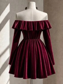 Fine & Folde Autumn/Winter Party Gathering Long Sleeve Ruffle Ruched Waist A-Line Velvet Fabric Birthday Date Vacation Gentle Elegant French Vintage Style Ruffle Ruffle Single-Breasted Ruched Waist Short Dress - Burgundy - View 2