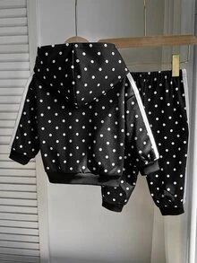 SHEIN 女嬰針織波點連帽休閒衛衣與長褲2件套 - 黑色 - 查看 2