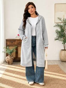 Weeklong Jaket Lengan Panjang Kasual Wanita Ukuran Besar Warna Polos dengan Tali Serut dan Tudung untuk Musim Dingin - Grey - View 1