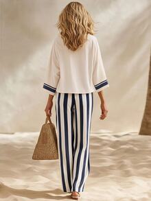 Breezaya Autumn Long Sleeve Vacation Elegant Chic Textured Linen Round Neck Top Vertical Striped Wide Leg Pants 2 Pieces Set Off-White Blue And White - Blue and White - View 2