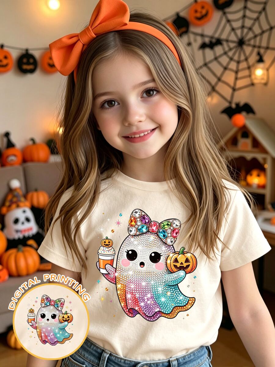 Elladie kids 萬聖節女童幼兒時尚可愛亮片彩色蝴蝶結幽靈與小惡魔圖案基本款短袖T恤 - 米色 - 查看 1
