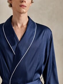 EverLounge Satin Comfortable Minimalist Contrast Trim Men's Robe - Navy Blue - View 2