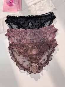 PetitDoll 3 piezas/Set Bragas Triángulo de Malla Jacquard con Volantes, Espalda Hueca y Corazones Dulces en Dirección Aleatoria - Multicolor - Ver 1