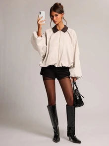 SHEIN BAE Women's Colorblock Zipper Casual Versatile Daily Long Sleeve Jacket - Grey - View 1