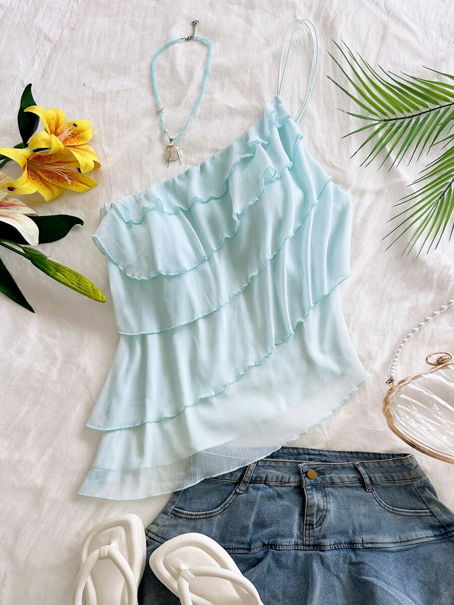 Soleia Plus Size Women's Solid Color Multi-Layer Ruffle Fashion Top - Baby Blue - View 1