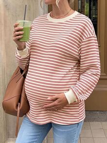 SHEIN 孕婦條紋圓領落肩長袖休閒T恤 秋季 - 紅白色 - 查看 8
