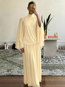 Lumalex Fall Winter Soft Comfortable Mesh Mock Neck Flowy Long Sleeve Ruched Draped Bodycon Dress With Flared Hem For Women Dawn-To-Gala Elegant Poised Let Yo - Apricot - View 11