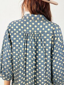 Bohemela Plus Size Vacation Casual Polka Dot Print Shirt - Blue - View 4