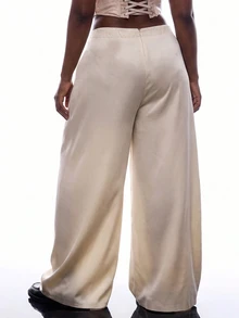 LYSMO Plus Size Fashion Commuter Cocktail Party Date Night Evening Formal Sexy Elegant Solid Color Ruched Wide Leg Pants White Autumn Curve Wedding Fall - Champagne - View 3