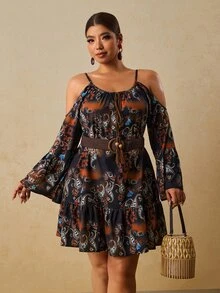 Travachic 大尺碼女款露肩腰果圖案時尚度假洋裝 - 棕色 - 查看 5