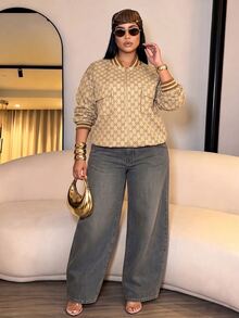 SOLERSUN Plus Size Women's Printed Baseball Jacket Short Zip-Up Jacket With Pocket Design Vintage Top Fall - Khaki - View 1