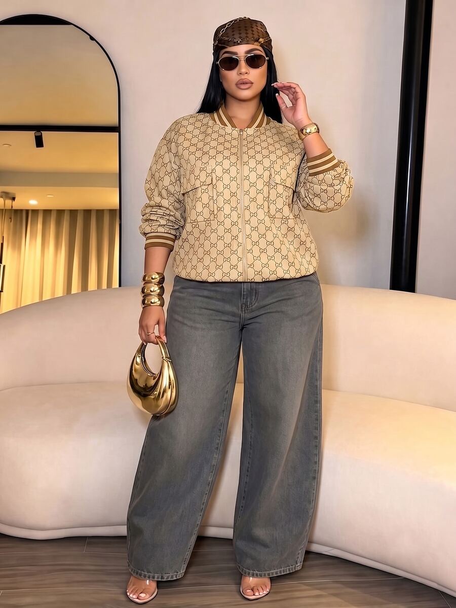 SOLERSUN Plus Size Women's Printed Baseball Jacket Short Zip-Up Jacket With Pocket Design Vintage Top Fall - Khaki - View 1