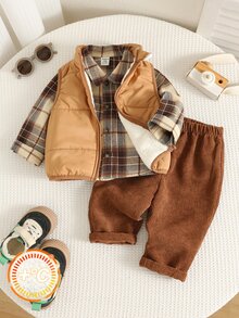SHEIN 男嬰格紋領長袖鈕扣襯衫、無袖背心、鬆緊腰長褲 3 件套，百搭舒適 - 彩色 - 查看 4
