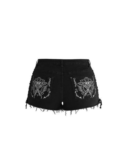 Fairycore Short en jean mini super court pour femme, motif brodé de papillon de nuit, poches et cordon de serrage, style Halloween