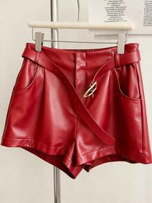 Franclia Plus Size Women's Solid Color Pocket Casual Versatile Daily Shorts - Red - View 3