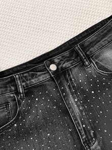 Comfortcana Celana Jeans Slim Fit Model Flare Ukuran Plus Kasual dengan Hiasan Rhinestone - Hitam - View 5