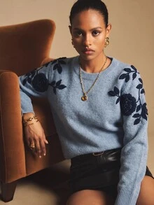 Poéselle Women's Fashionable Casual Crew Neck Long Sleeve Sweater In Fall/Winter - Blue - View 3