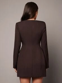 Silquee Women's Solid Color Round Neck Long Sleeve Double-Breasted Elegant Jacket Dinner Office Dark Brown Autumn - Brown - View 2