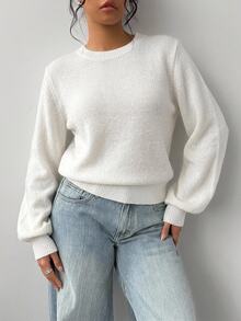 SHEIN BASICS 女款素色休閒百搭日常穿著長袖針織衫 - 白色 - 查看 2