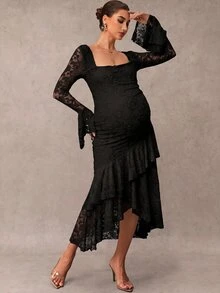 MaterniChic Elegant Solid Color Lace Ruffle Maternity Party Dress Fall - Black - View 9