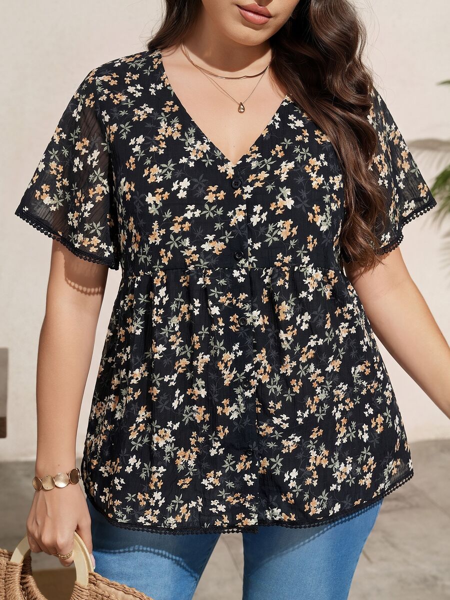 SHEIN LUNE 大尺碼復古節日花卉印花鈕扣襯衫 - 彩色 - 查看 1