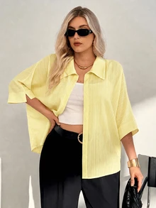 Auralis Plus Size Summer Casual Solid Color Batwing Sleeve Shirt - Light Yellow - View 5