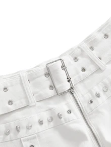 ROMWE Grunge Punk Summer Music Festival Punk Metal Skull Studded Ultra Low Waist High Stretch Skinny Denim Shorts - White - View 3