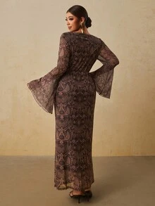 Travachic Plus Size Elegant All-Over Print Flare Sleeve Dress - Brown - View 2
