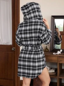 Doze Lane Jubah Wanita Ukuran Besar Berkerudung Ultra Lembut Motif Kotak-kotak, Pakaian Santai Kasual Tropis, Jubah Panjang untuk Tidur Malam, Hitam dan Putih, Musim Gugur - Hitam dan Putih - View 3