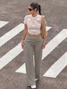 Muchica 女款秋季棕色條紋拼接對比色休閒百搭長褲，適合日常通勤、派對、四季穿著（秋、冬、春、夏）、節日慶祝（聖誕節、新年、感恩節、情人節）、婚禮、海灘、畢業典禮、外出約會，優雅風格，適合度假與 Y2K 時尚造型 - 彩色 - 查看 4