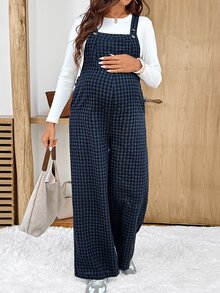 SHEIN Plaid Button Design Wide Leg Overalls Pregnant Women Autumn Plus-Size Navy Blue Maternity Jumpsuit (55 Cotton) Formal Photoshoot 1920 Vintage Casual - Blue - View 3