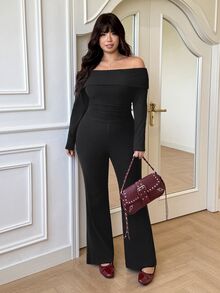 GalTyme Plus Size Casual Home Style Minimalist Off-Shoulder Ribbed Knit 2-Piece Set Fall - Black - View 4