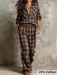 Linhara CURVE Plus Size Women's Casual Check Shirt And Pants Autumn Set - Brown - View 3
