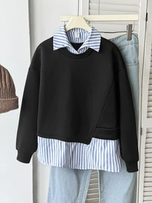 SHEIN 青少年女孩秋冬休閒復古學院風條紋不對稱拼接2合1套頭衛衣，年輕時尚穿搭，適合返校季、秋冬街頭穿搭、日常穿著 - 黑色 - 查看 5