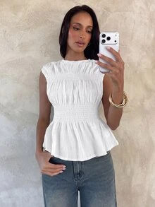 Aloruh 女款優雅圓領純色抓皺無袖米色上衣 - 白色 - 查看 3