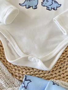 SHEIN 新生兒恐龍印花連身衣與長褲2件套，穿脫方便 - 藍色 - 查看 6
