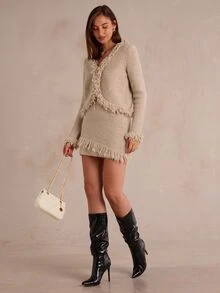Enchnt Autumn/Winter Casual Tassel Decor Knitted Skirt - Brown - View 6