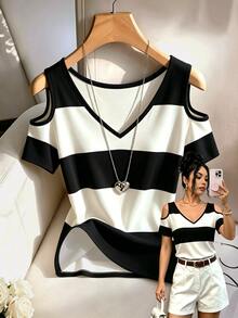 Rafferiza Women's Casual Striped Print Round Neck T-Shirt, Fashionable V-Neck Cold Shoulder Short Sleeve Top, Versatile For Office, Daily, Birthday, Date And Multiple Occasions - Multicolor - View 1