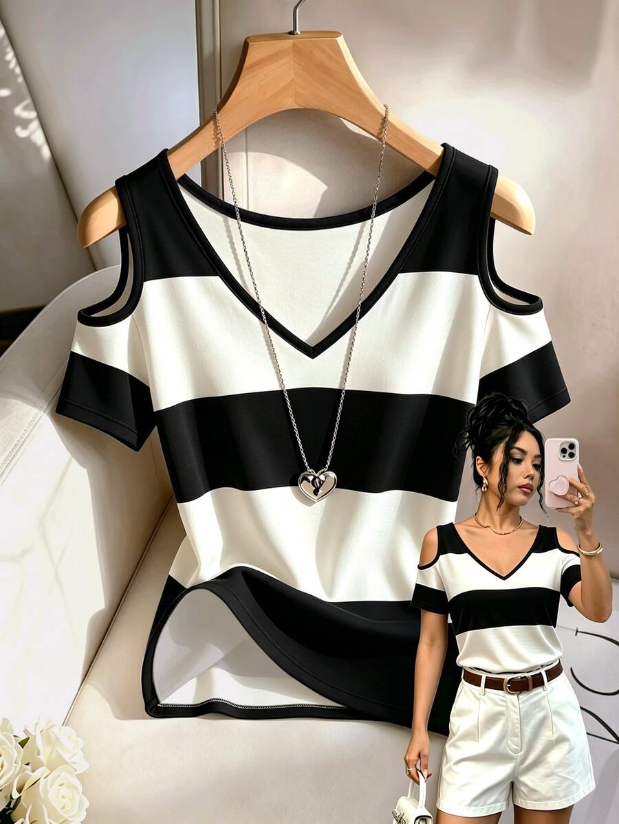 Rafferiza Women's Casual Striped Print Round Neck T-Shirt, Fashionable V-Neck Cold Shoulder Short Sleeve Top, Versatile For Office, Daily, Birthday, Date And Multiple Occasions - Multicolor - View 1