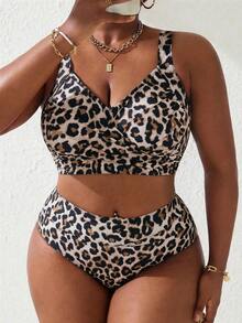 Slaydiva 2026 New Plus Size Women 2-Piece Leopard Print Patchwork Ruched Spaghetti Strap Separated Swimwear Set, Summer Beach Vacation - Multicolor - View 3
