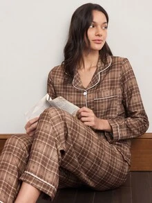 Doze Lane Women's Bubble Crinkle Plaid Lapel Button-Front Long Sleeve Long Pants Pajama Set - Coffee Brown - View 5