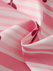 SHEIN 2-Piece Girls Toddler Cute Ruffle Lapel Long Sleeve & Long Pants Pink And White Striped Bow Print Comfy Lightweight Knit Autumn/Winter Pajamas - Baby Pink - View 8
