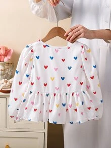 SHEIN 女童小女孩休閒梭織彩色愛心圖案圓領上衣 - 白色 - 查看 2