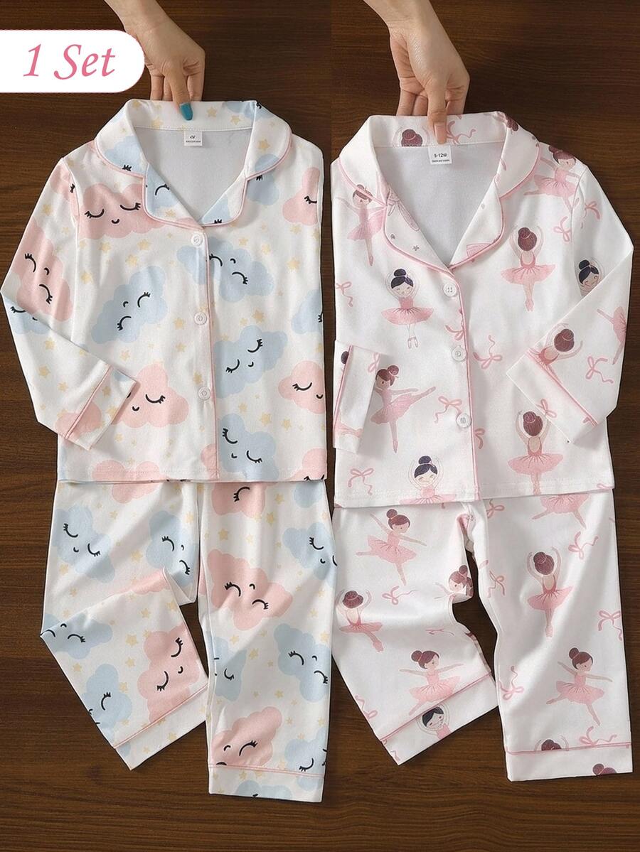 SHEIN 女童甜美可愛優雅休閒日常舒適親膚柔軟針織布料粉藍雲朵星星卡通印花開襟長袖上衣與長褲2件套居家服睡衣 - 粉色 - 查看 1