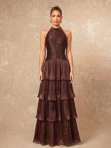 Lumalex Chocolate Brown Halter Maxi Dress High Neck Ruched Bodycon Bodice Layered Ruffle Drop Waist, Showcasing Low Key Luxury PartyStyle,Wedding,Ball,Dinner - Coffee Brown - View 4