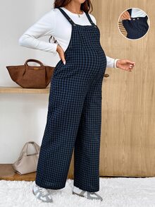 SHEIN Plaid Button Design Wide Leg Overalls Pregnant Women Autumn Plus-Size Navy Blue Maternity Jumpsuit (55 Cotton) Formal Photoshoot 1920 Vintage Casual - Blue - View 1