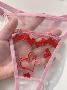 PetitDoll Sweet & Spicy Girl Pink Embroidered Heart Bra, Sheer Mesh See-Through Sexy Lingerie Set 2pcs - Multicolor - View 6